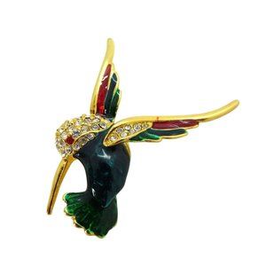 Vintage Hummingbird Brooch Pin Enamel Rhinestone 2" MCM Jewelry Unmarked ROMAN